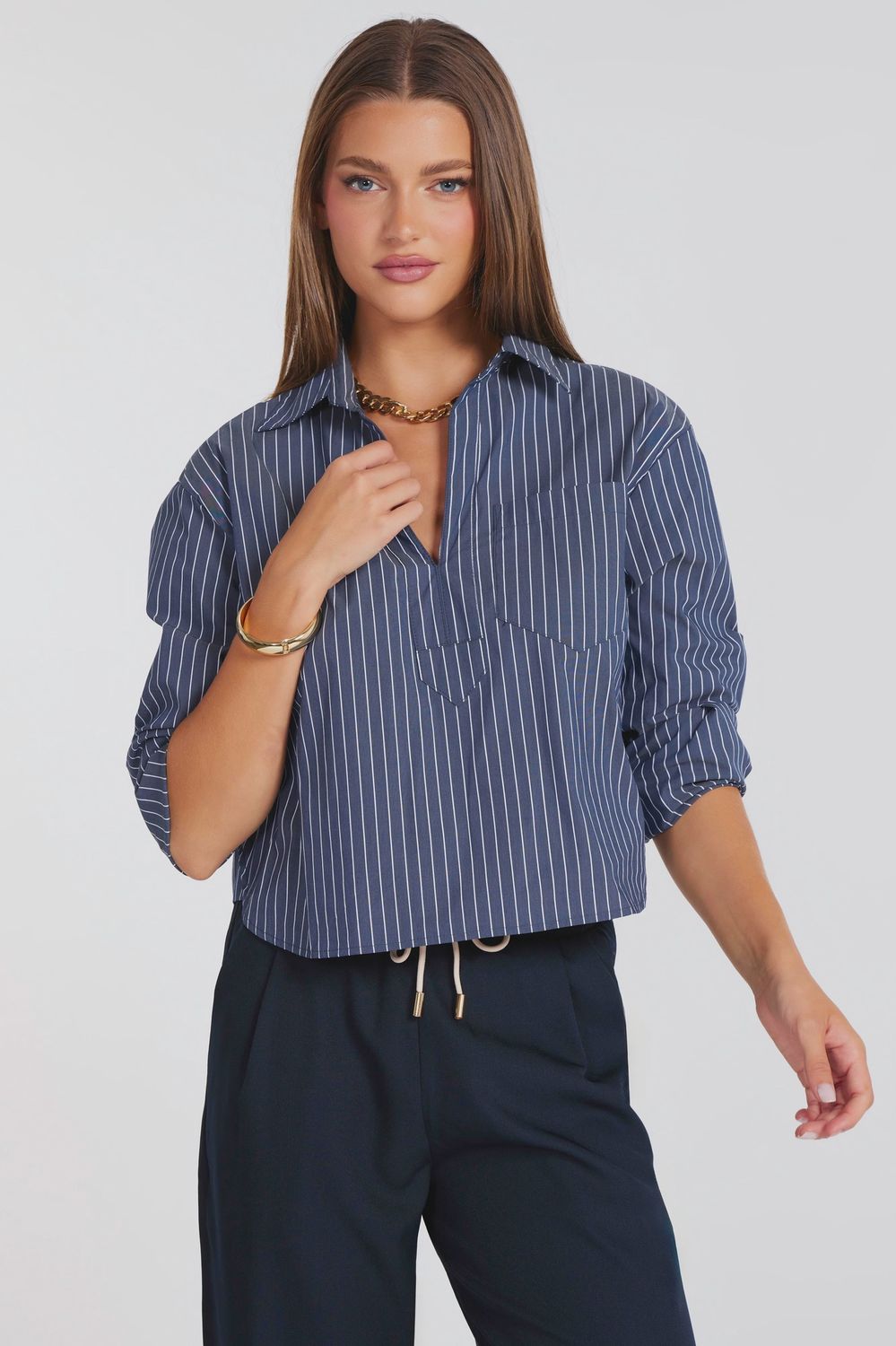 Casey Poplin Pullover, Color: Indigo Stripe, Size: XS
