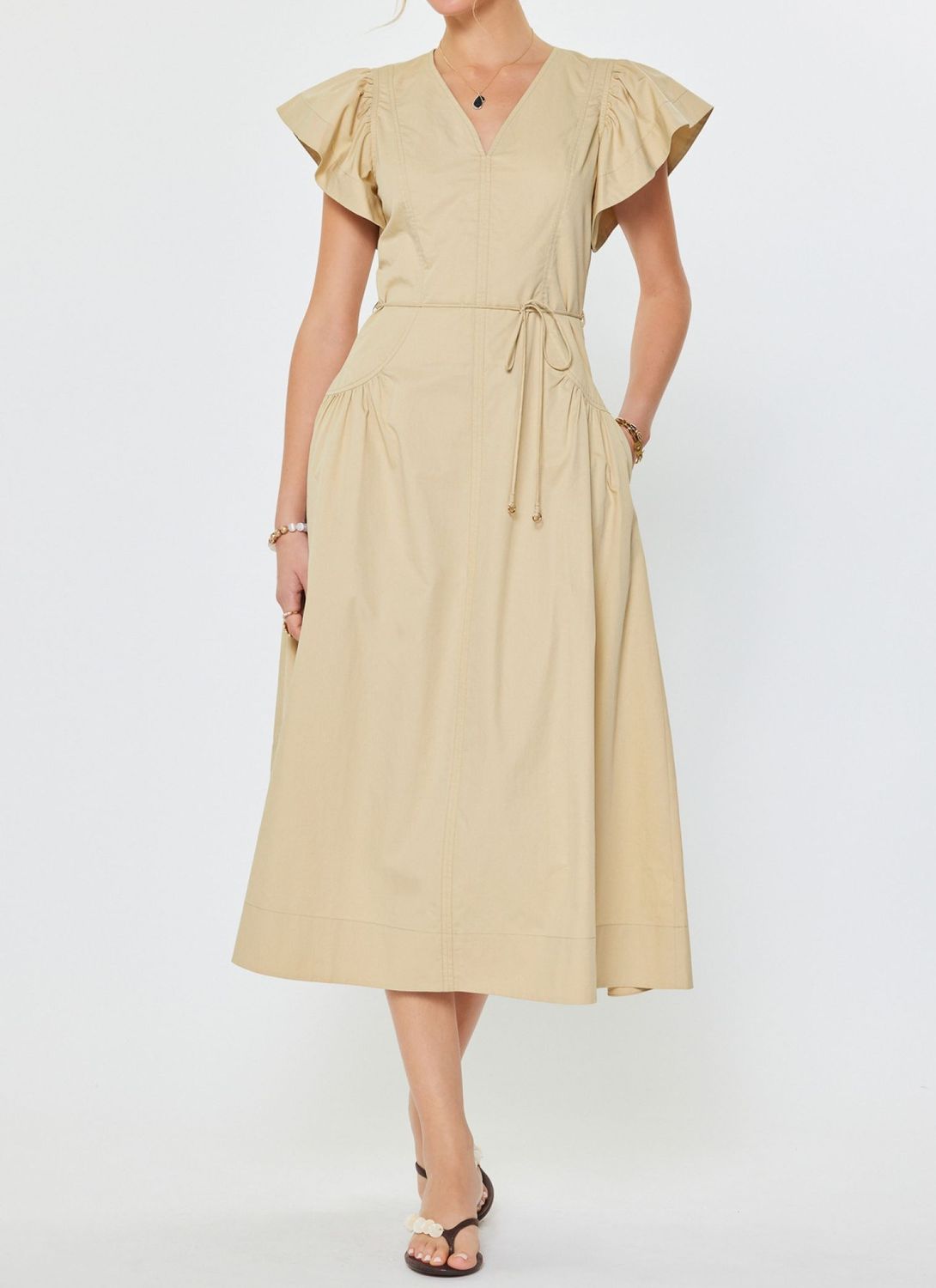 Flutter Sleeve V-Neck Dress, Color: Sand, Size: XS