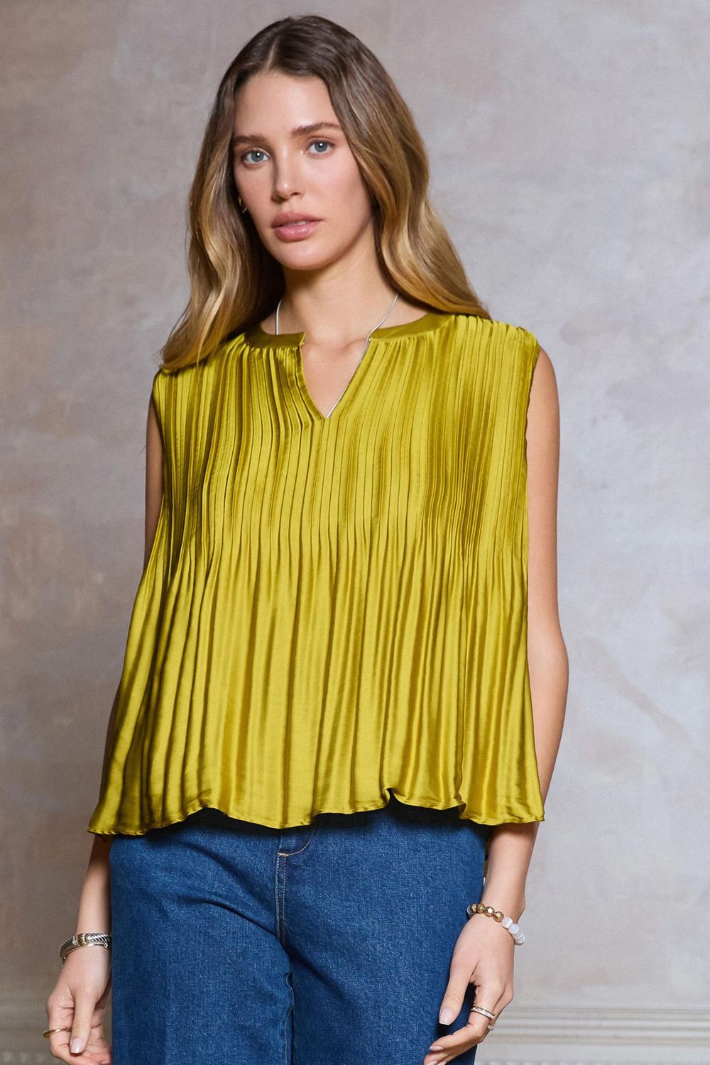 Pleated Round Neck Top, Color: Amber Haze, Size: XS