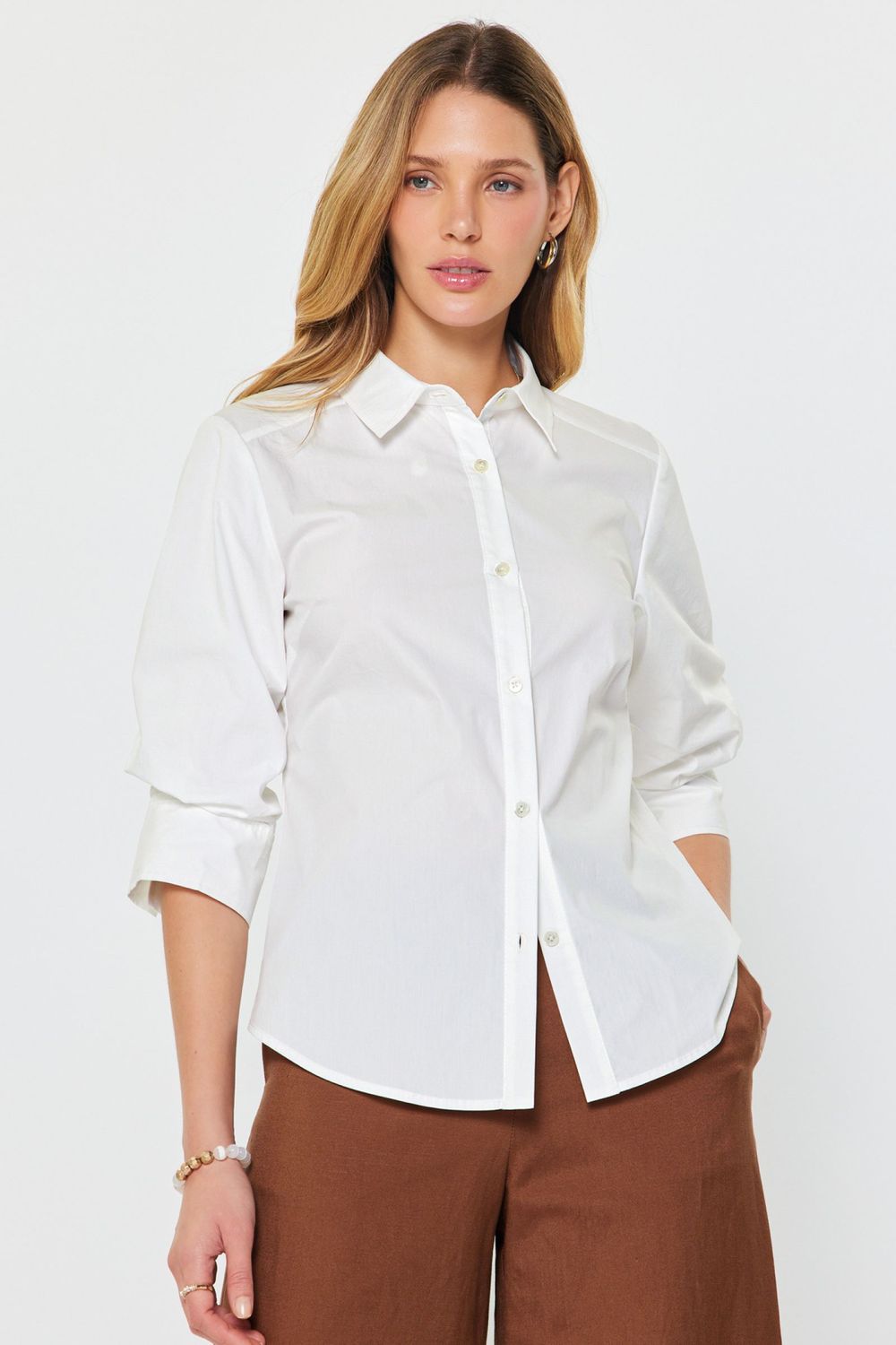 3/4 Sleeve Button Down Blouse, Color: Ivory, Size: XS