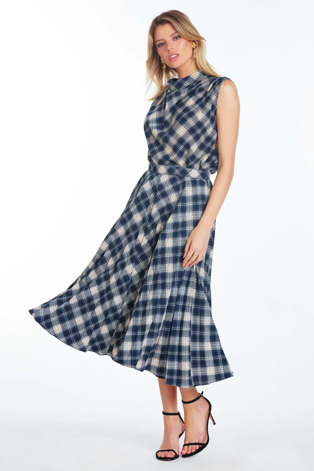 Beckette Pleat Midi Skirt, Color: Blue Plaid, Size: XS