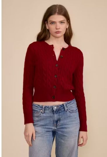 Delia Cable Knit Cardigan, Color: Merlot, Size: XS