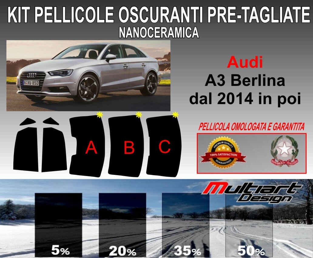 KIT PELLICOLE OSCURAMENTO VETRI POST.  AUDI A3 BERLINA DAL 2014 IN POI. ANTIGRAFFIO