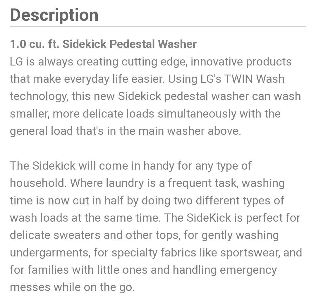111 LG - SideKick 1.0 Cu. Ft. High-Efficiency Smart Top Load Pedestal Washer