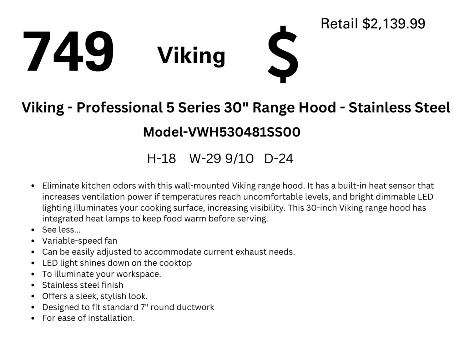 749 Viking - Professional 5 Series 30&quot; Range Hood - Stainless Steel