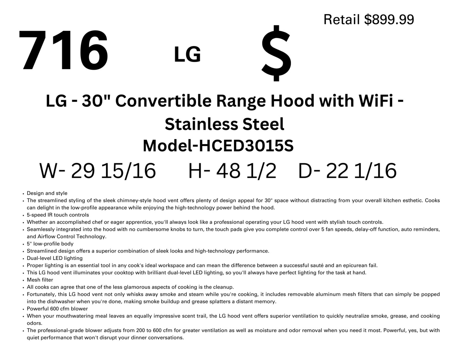 716  LG - 30&quot; Convertible Range Hood with WiFi - Stainless Steel LG HCED3015S