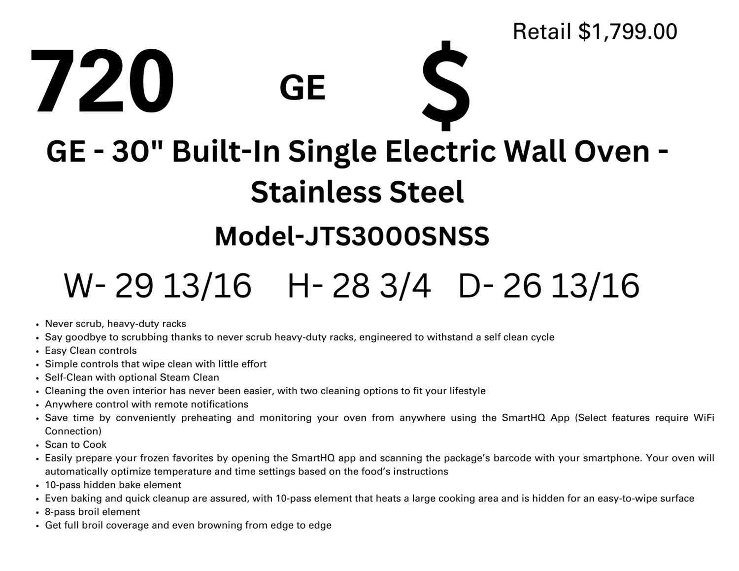 720 GE - 30&quot; Built-In Single Electric Wall Oven - Stainless Steel JTS3000SNSS