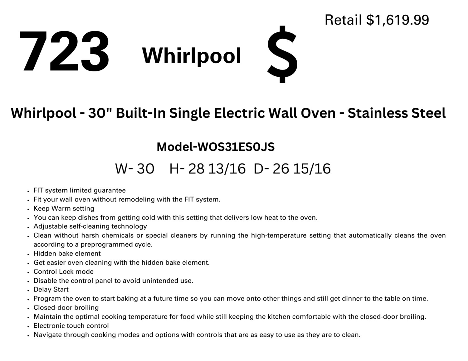 723 Whirlpool - 30&quot; Built-In Single Electric Wall Oven - Stainless Steel WOS31ES0JS