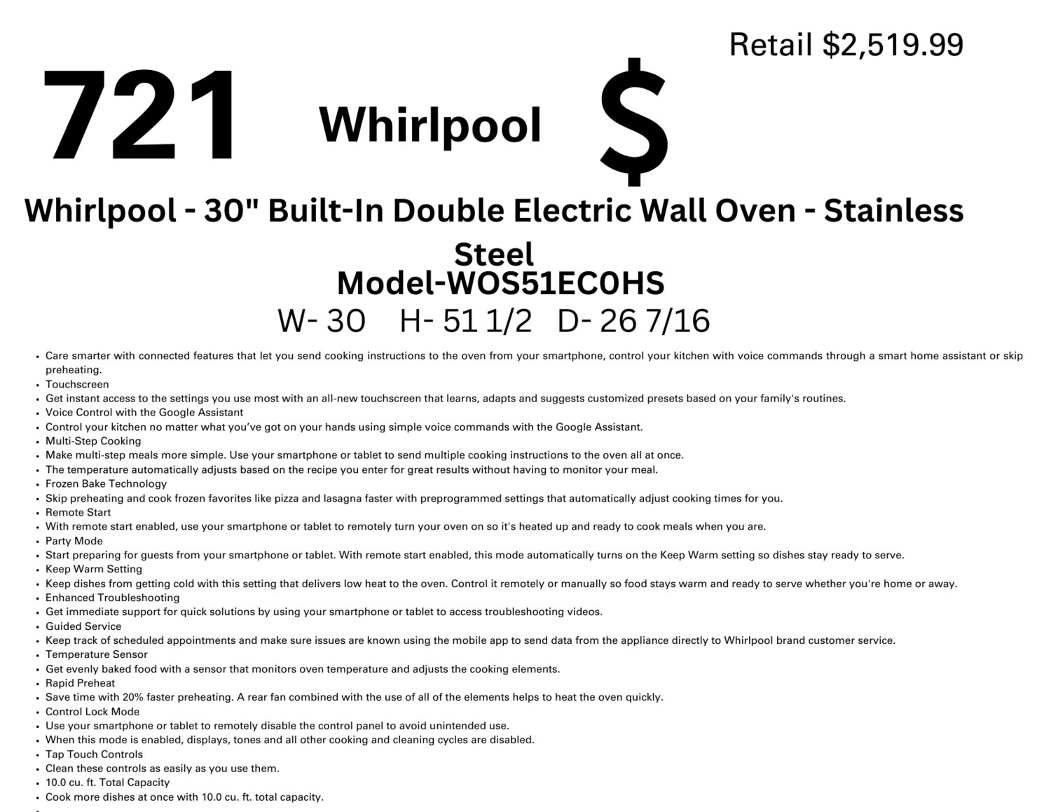 721 Whirlpool - 30&quot; Built-In Single Electric Wall Oven - Stainless Steel WOS51EC0HS