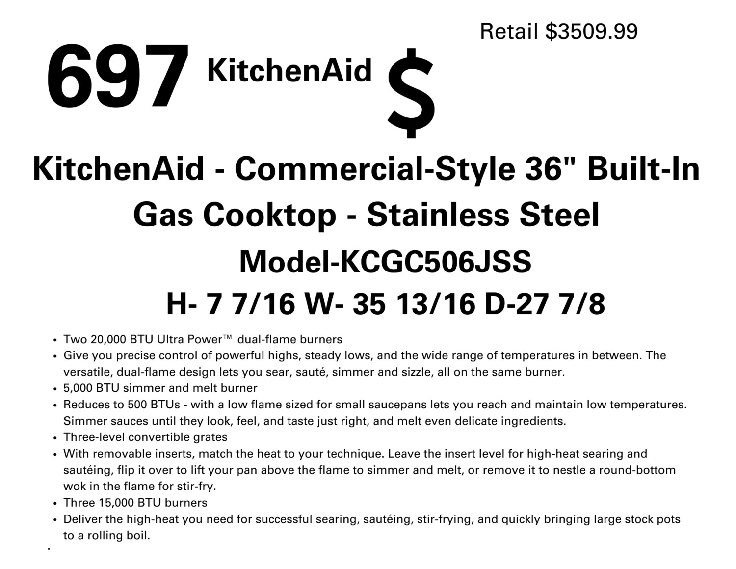 697 KitchenAid - Commercial-Style 36&quot; Built-In Gas Cooktop - Stainless Steel KCGC506JSS