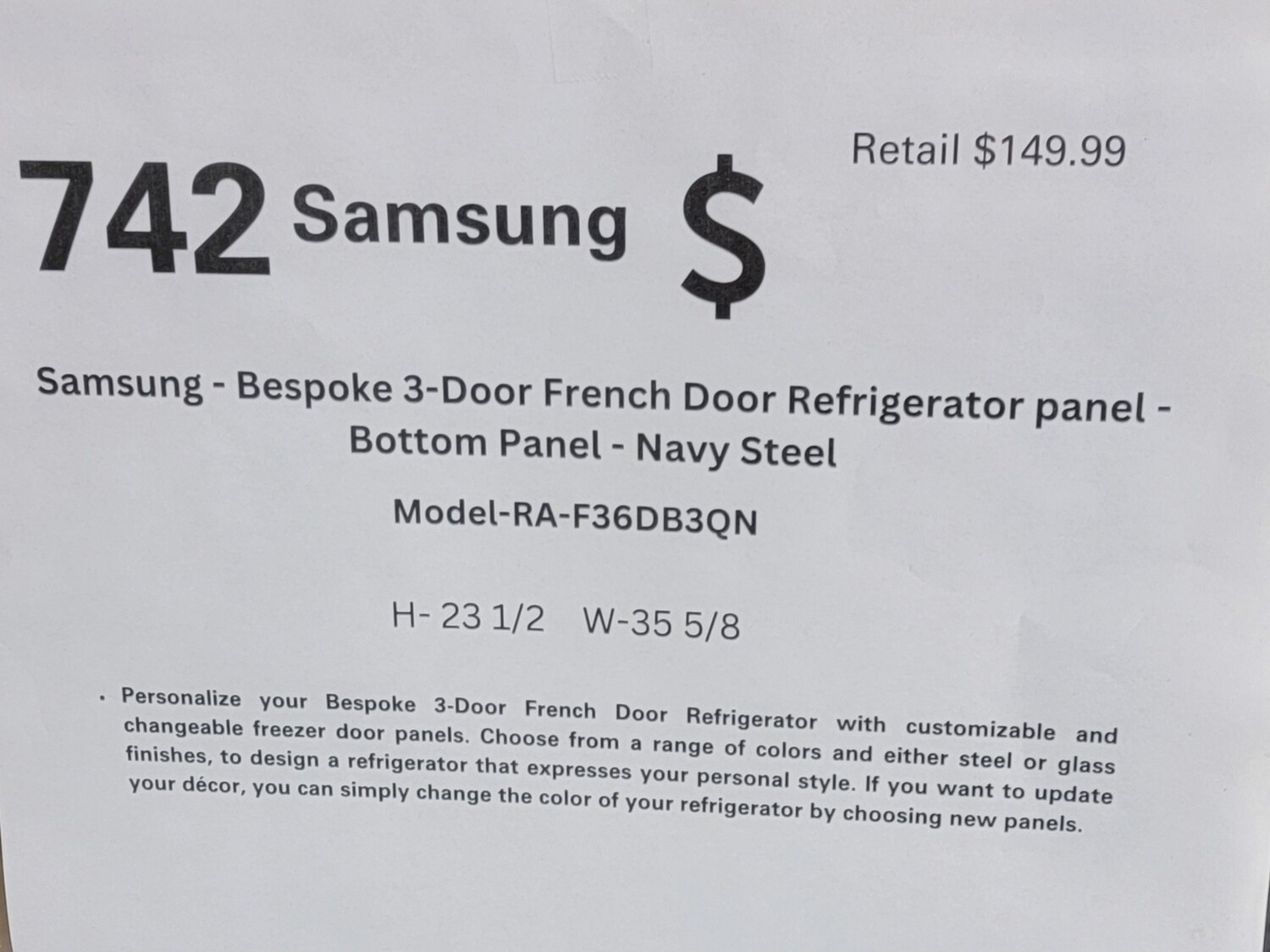 742 Samsung - Bespoke 3-Door French Door Refrigerator panel - Bottom Panel - Navy Steel