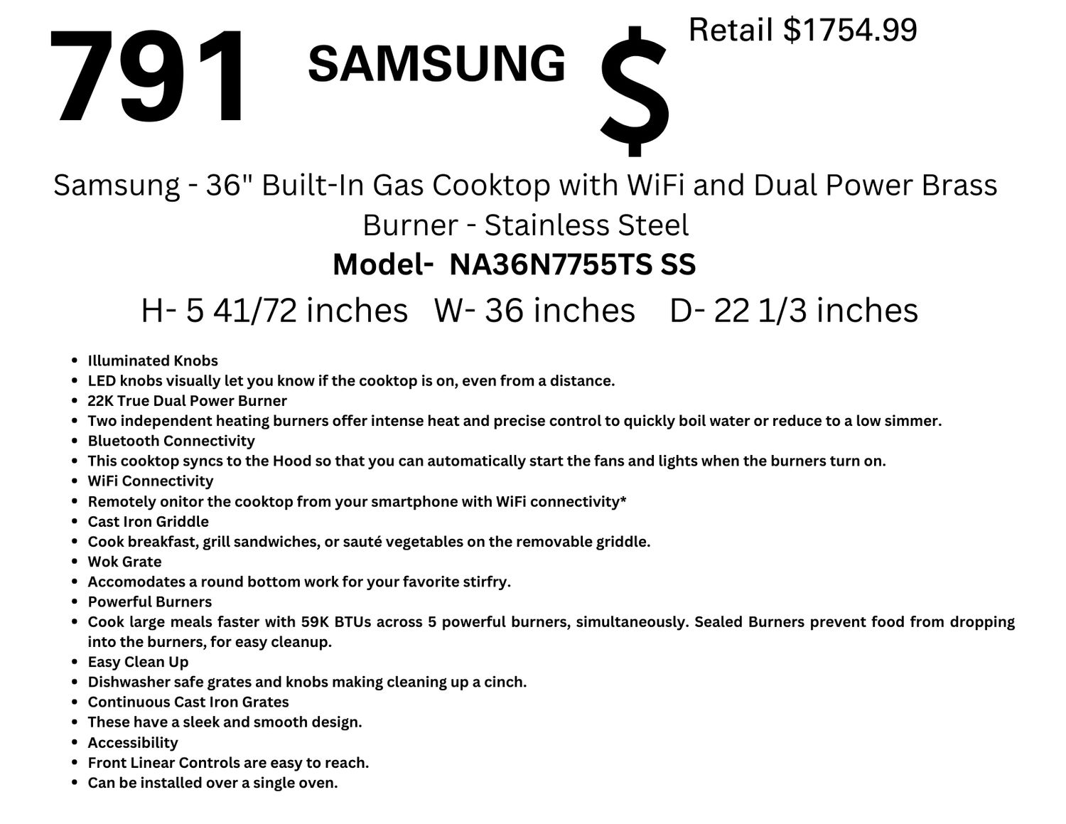 791 Samsung - 36&quot; Built-In Gas Cooktop with WiFi and Dual Power Brass Burner - Stainless Steel NA36N7755TS SS