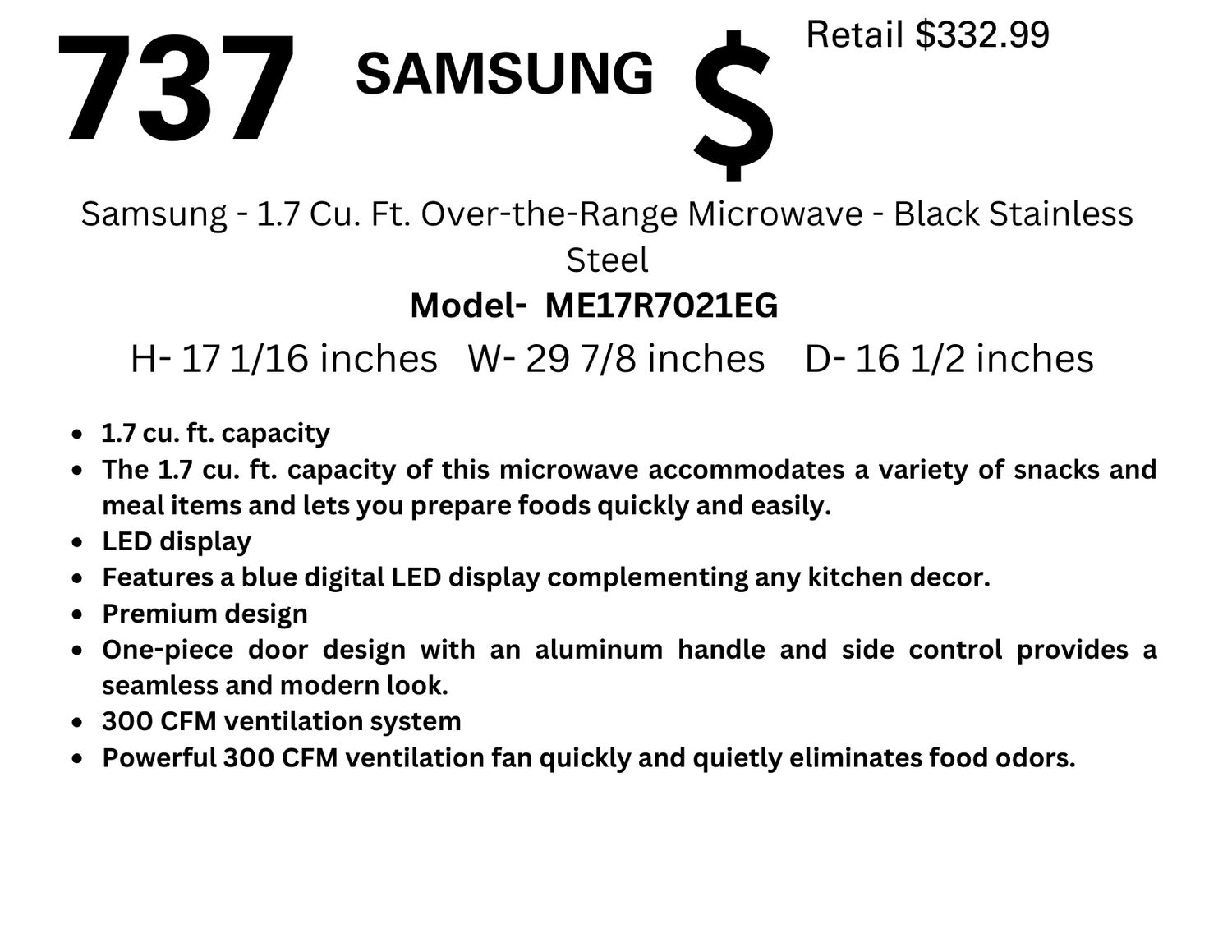 737 Samsung - 1.7 Cu. Ft. Over-the-Range Microwave - Black Stainless Steel ME17R7021EG