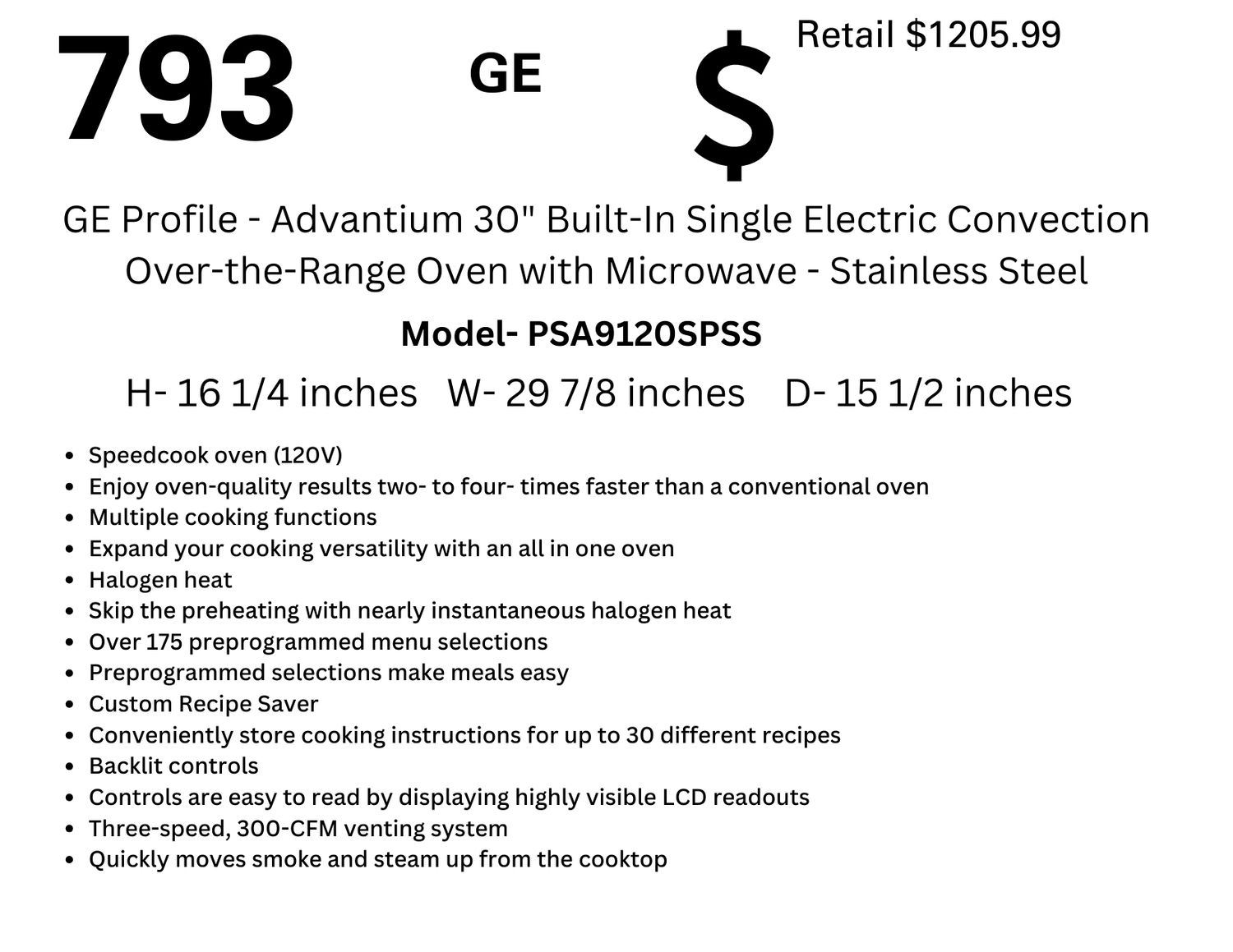 793 GE Profile - Advantium 30&quot; Built-In Single Electric Convection Over-the-Range Oven with Microwave - Stainless Steel