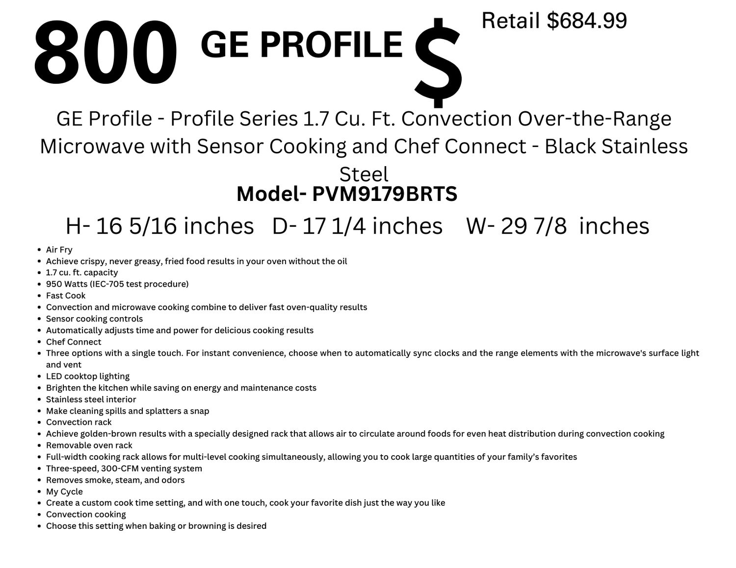 800 GE Profile - Profile Series 1.7 Cu. Ft. Convection Over-the-Range Microwave with Sensor Cooking and Chef Connect - Black Stainless Steel