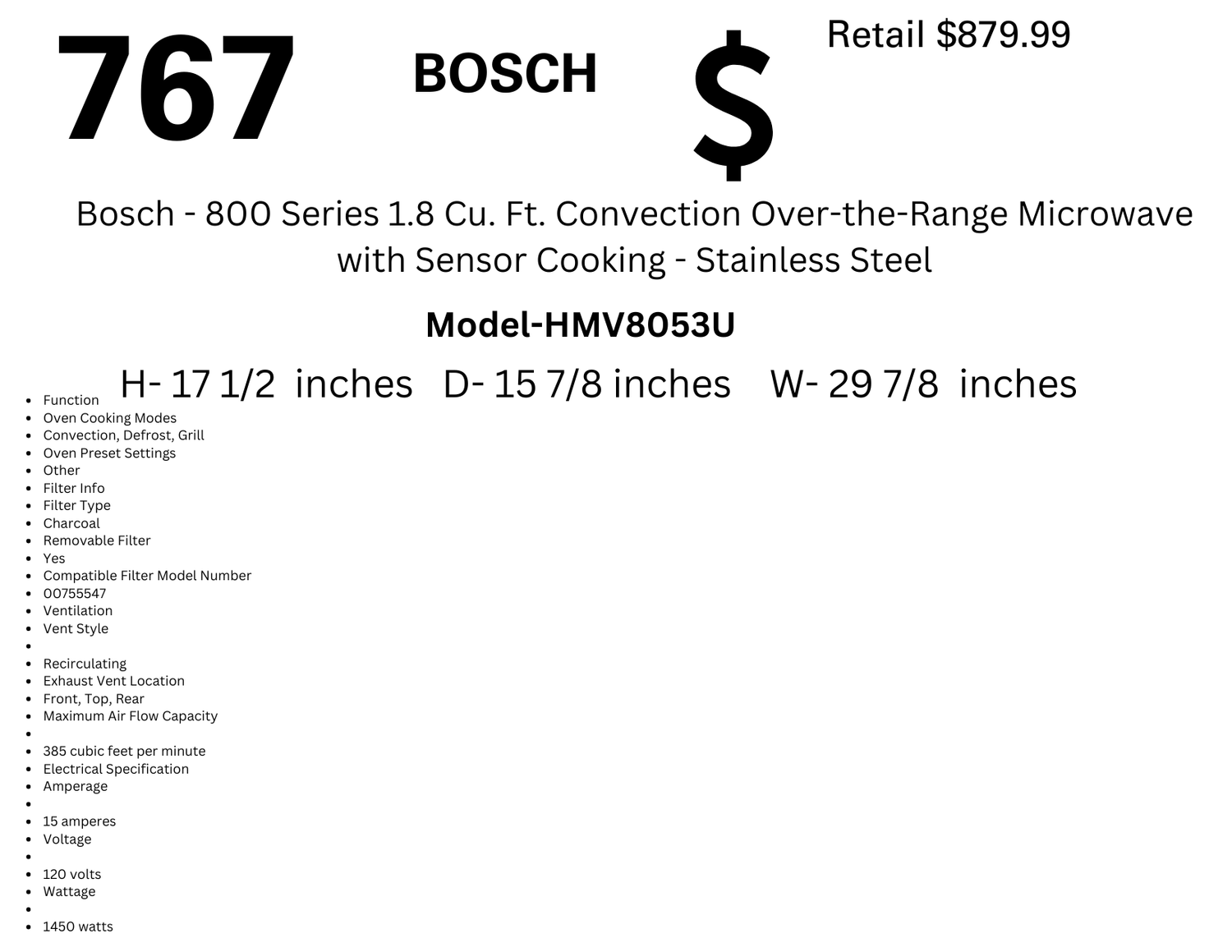 767 Bosch - 800 Series 1.8 Cu. Ft. Convection Over-the-Range Microwave with Sensor Cooking - Stainless Steel HMV8053U