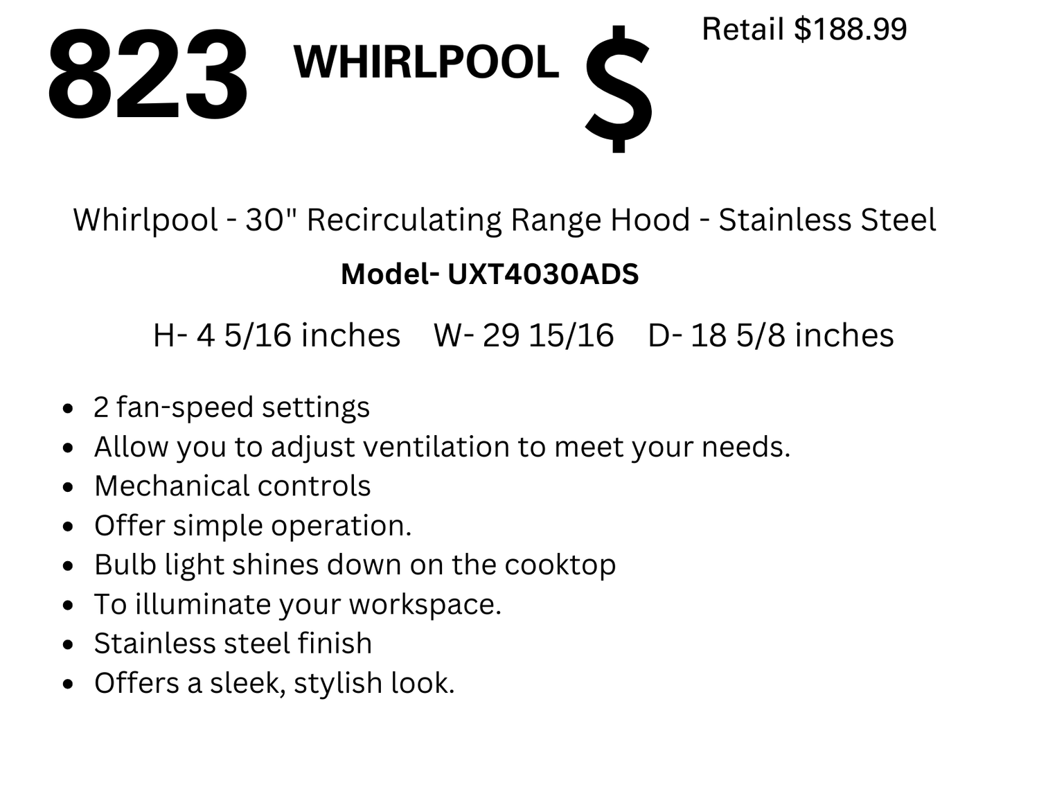 823 Whirlpool - 30&quot; Recirculating Range Hood - Stainless Steel