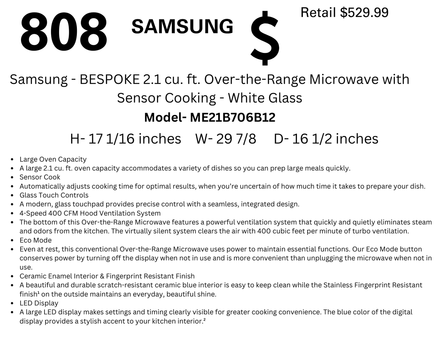 808 Samsung - BESPOKE 2.1 cu. ft. Over-the-Range Microwave with Sensor Cooking - White Glass