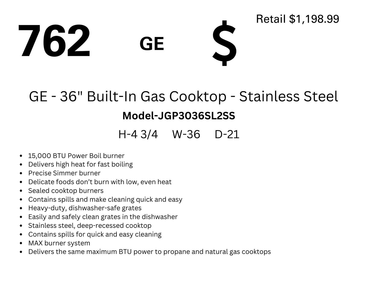 762 GE - 36&quot; Built-In Gas Cooktop - Stainless Steel JGP3036SL2SS