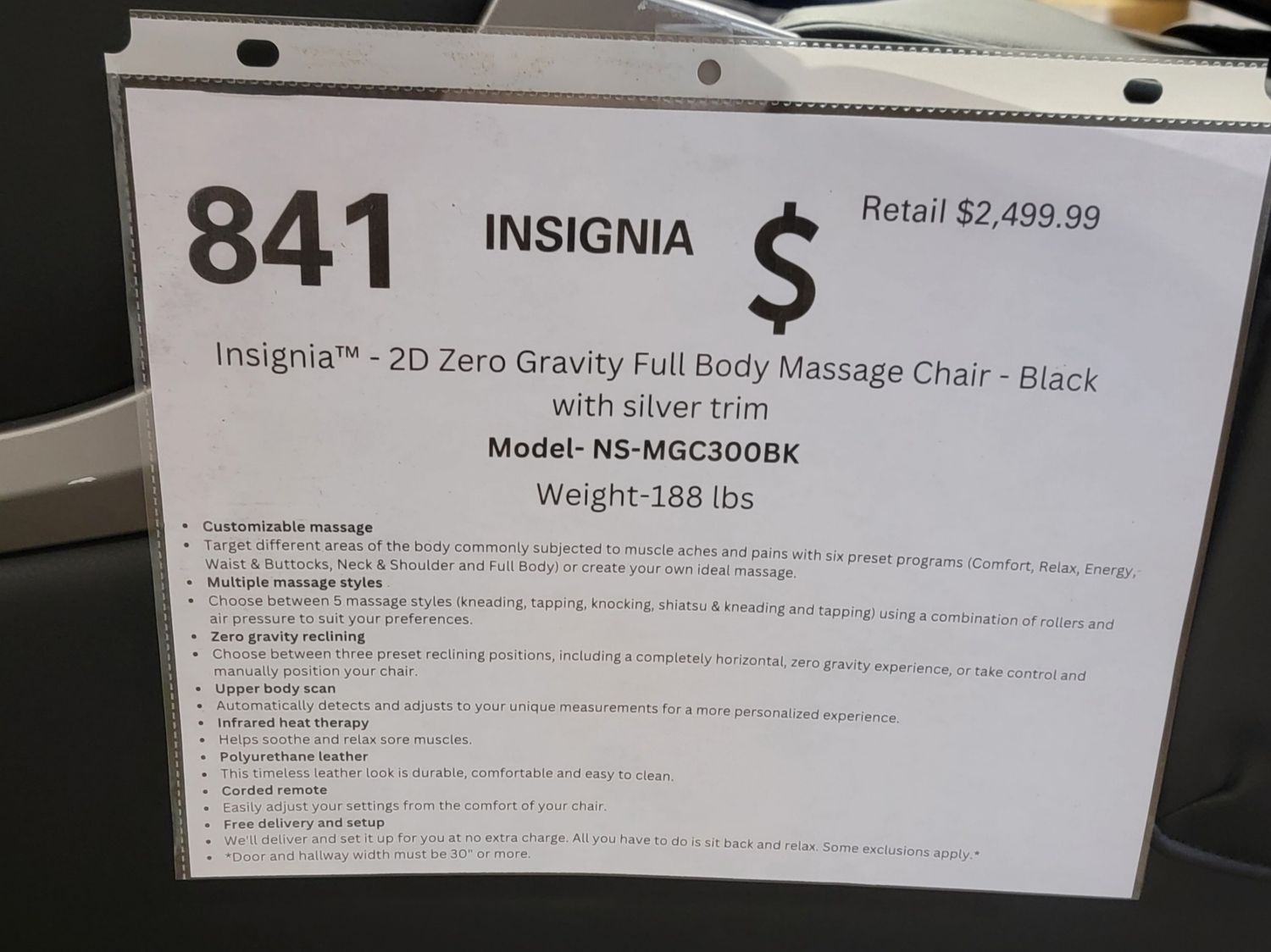 841 2D FULL BODY MASSAGE CHAIR - BLACK NS-MGC300BK
