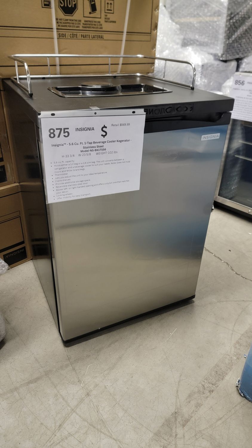 875 Insignia™ - 5.6 Cu. Ft. 1-Tap Beverage Cooler Kegerator - Stainless Steel NS-BK1TSS6