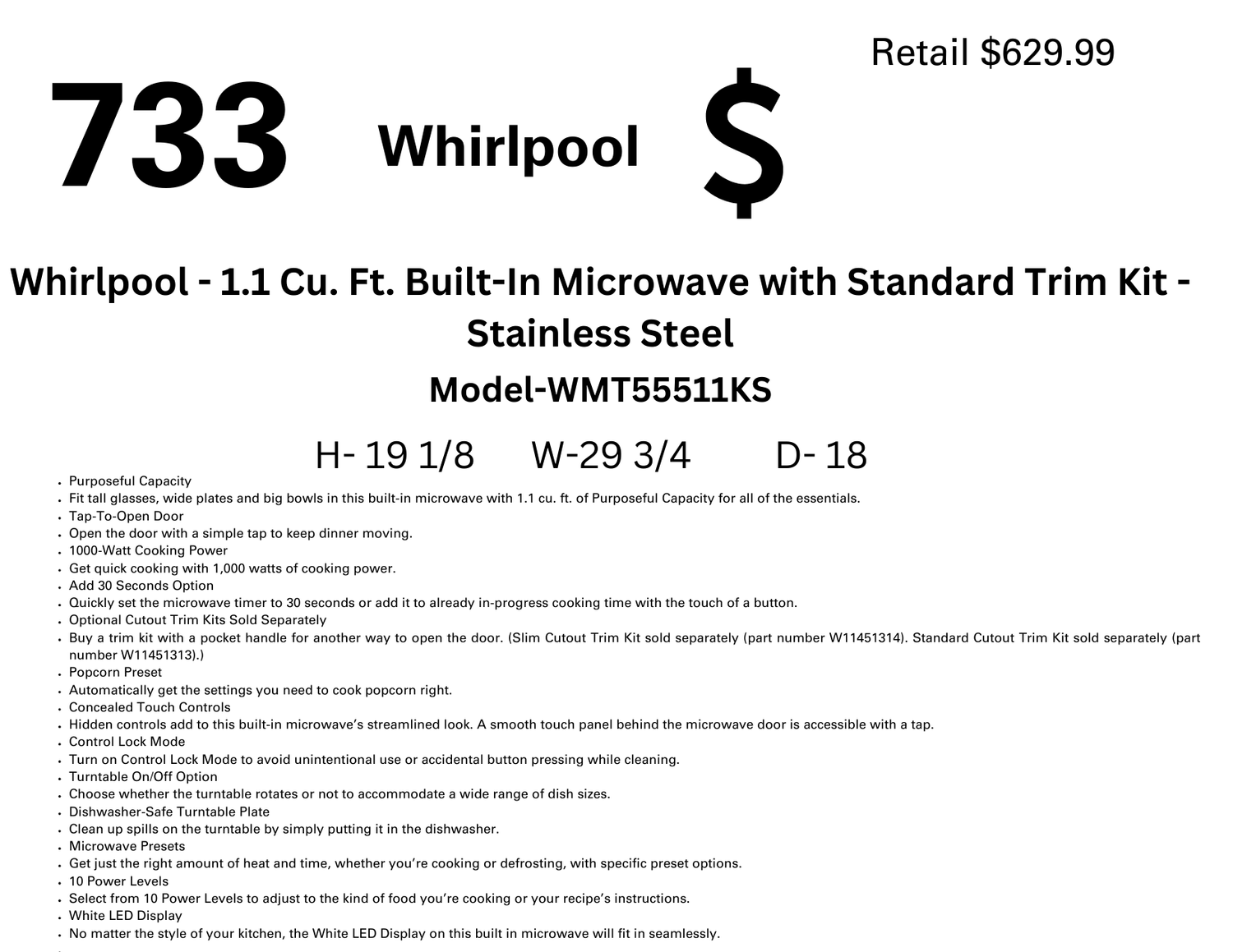 733 Whirlpool - 1.1 Cu. Ft. Built-In Microwave with Standard Trim Kit - Stainless Steel WMT55511KS