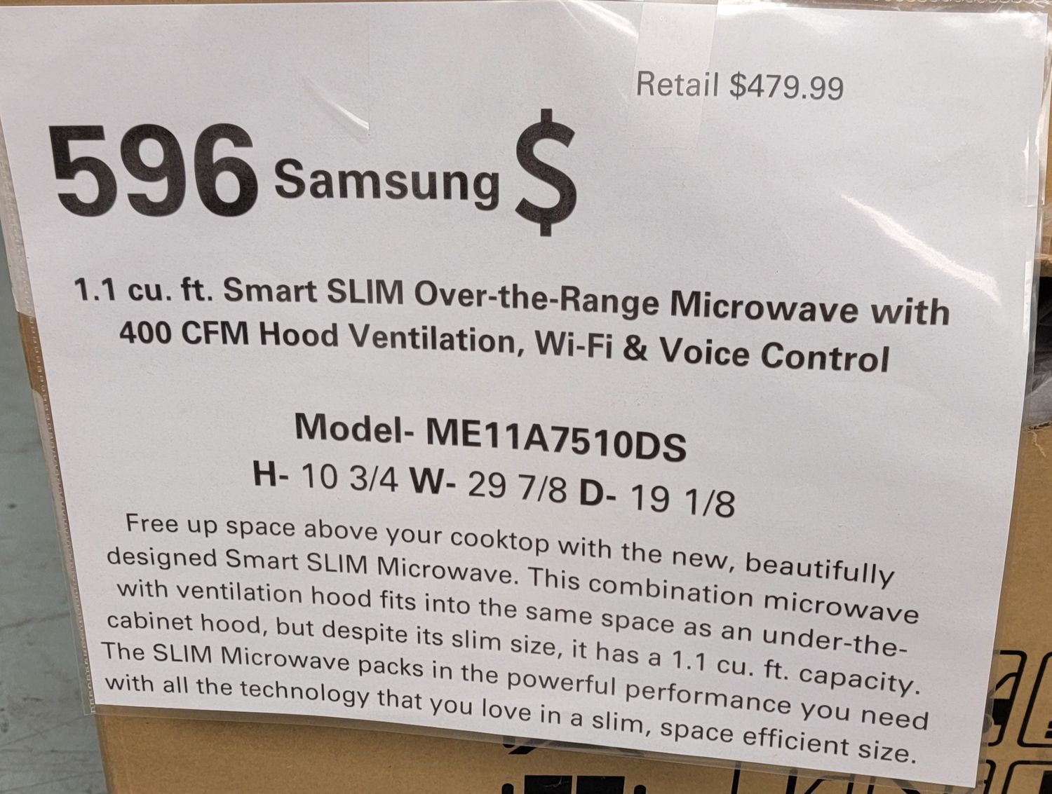 596 Samsung - 1.1 cu. ft. Smart SLIM Over-the-Range Microwave with 400 CFM Hood Ventilation, Wi-Fi &amp; Voice Control - Stainless Steel ME11A7510DS