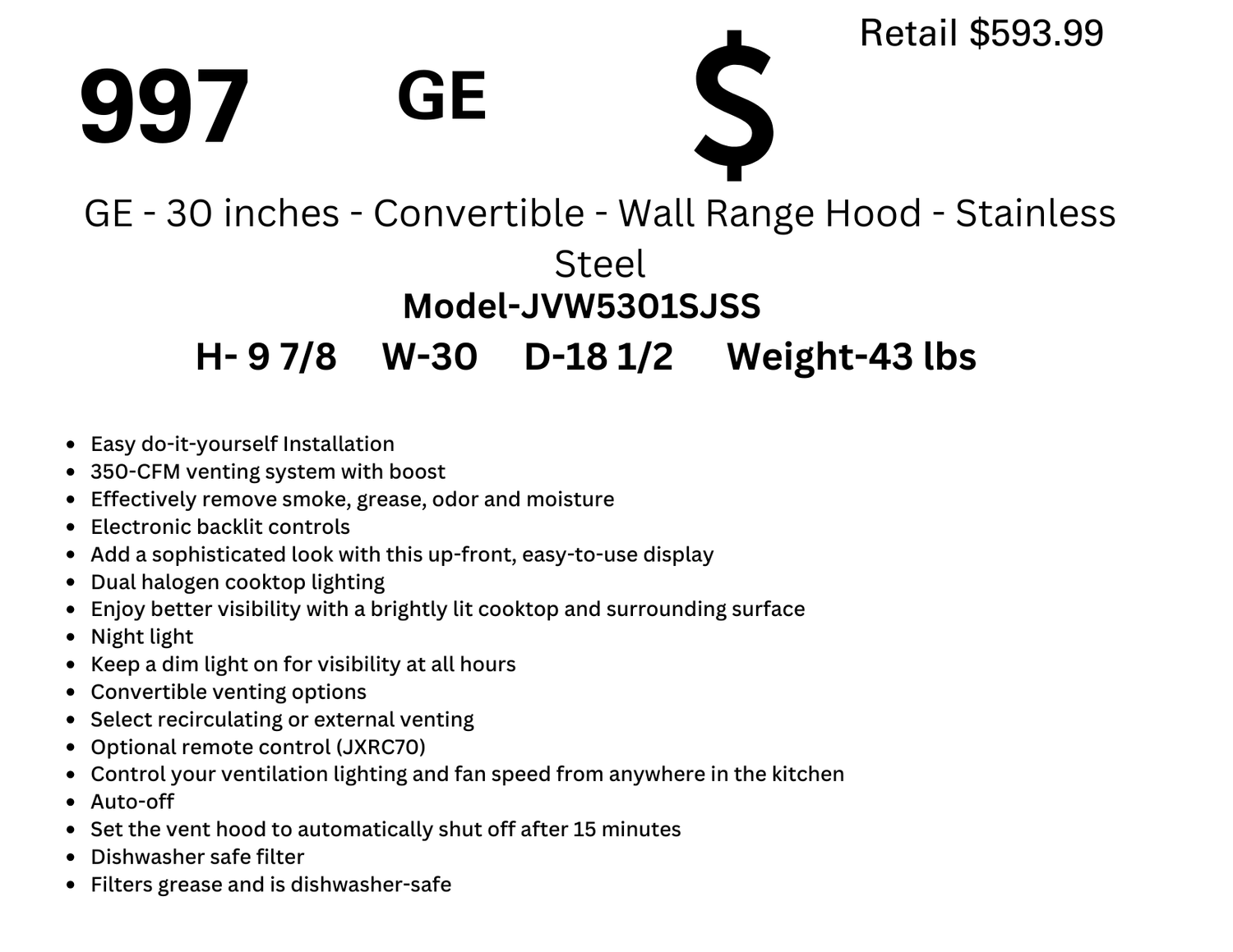 997 GE JVW5301SJSS- 30 inches - Convertible - Wall Range Hood - Stainless Steel