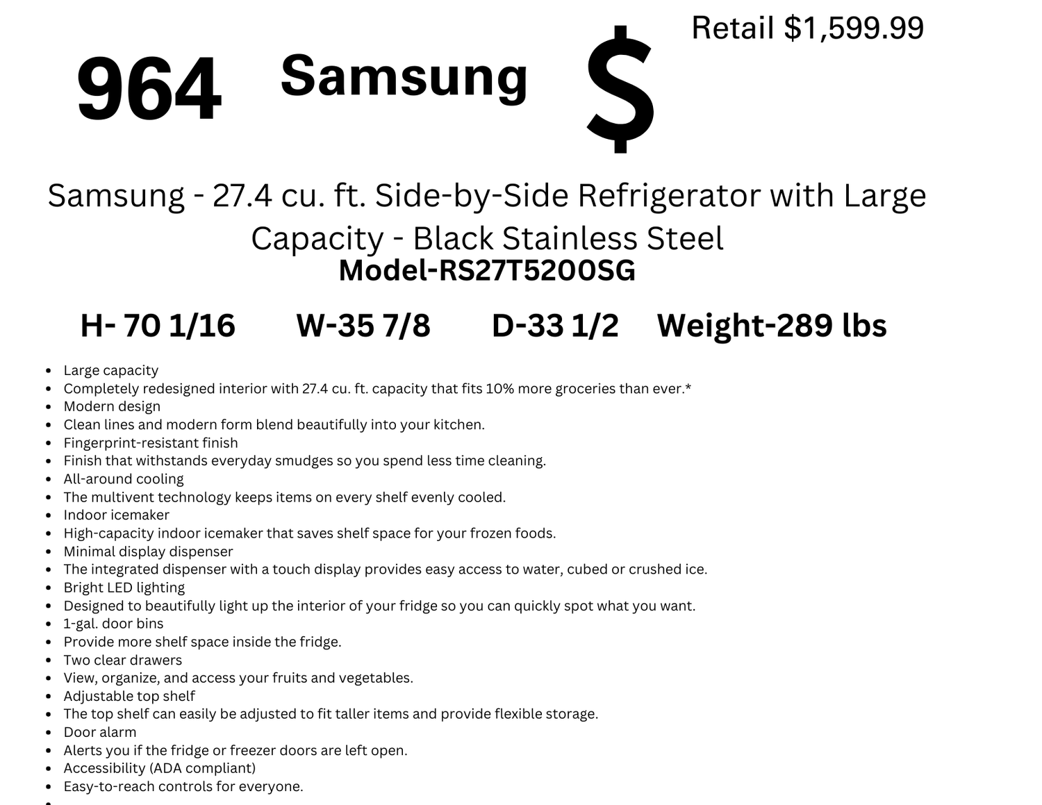 964 Samsung- RS27T5200SG- 27.4 cu. ft. Side-by-Side Refrigerator with Large Capacity - Black Stainless Steel