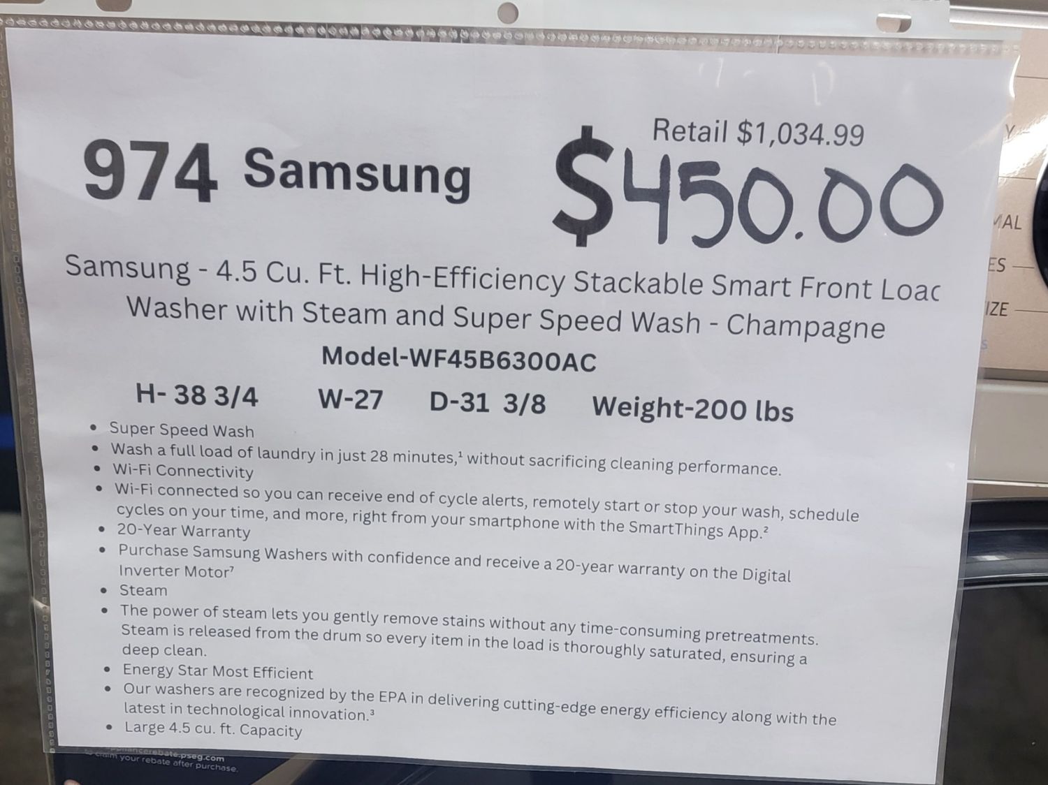 974 Samsung - WF45B6300AC 4.5 Cu. Ft. High-Efficiency Stackable Smart Front Load Washer with Steam and Super Speed Wash - Champagne