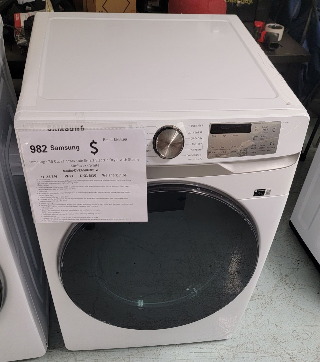 982 Samsung DVE45B6300W  - 7.5 Cu. Ft. Stackable Smart Electric Dryer with Steam Sanitize+ - White
