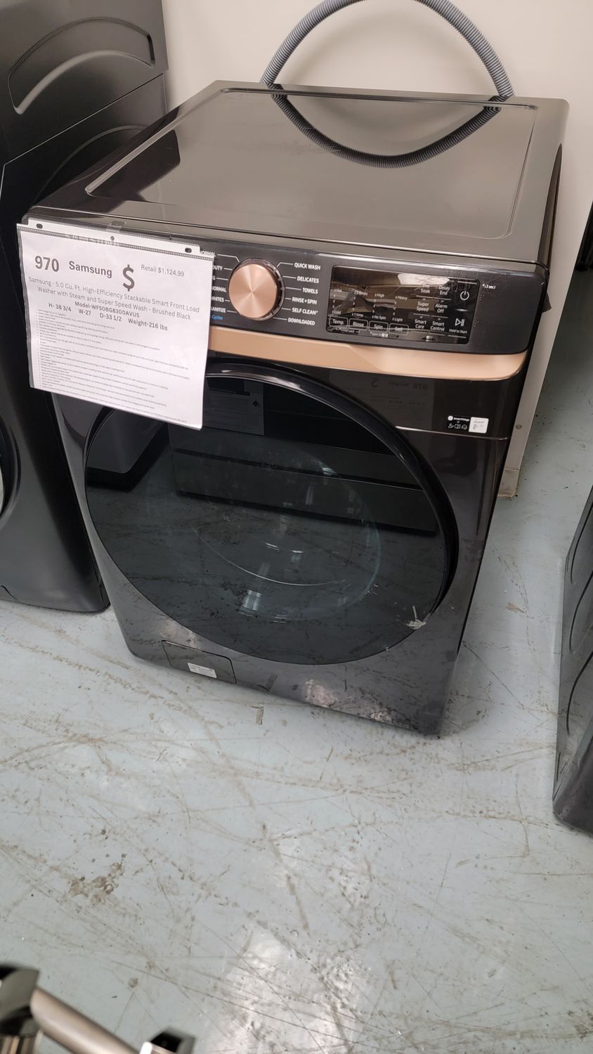 970 Samsung WF50BG8300AVUS- 5.0 Cu. Ft. High-Efficiency Stackable Smart Front Load Washer with Steam and Super Speed Wash - Brushed Black