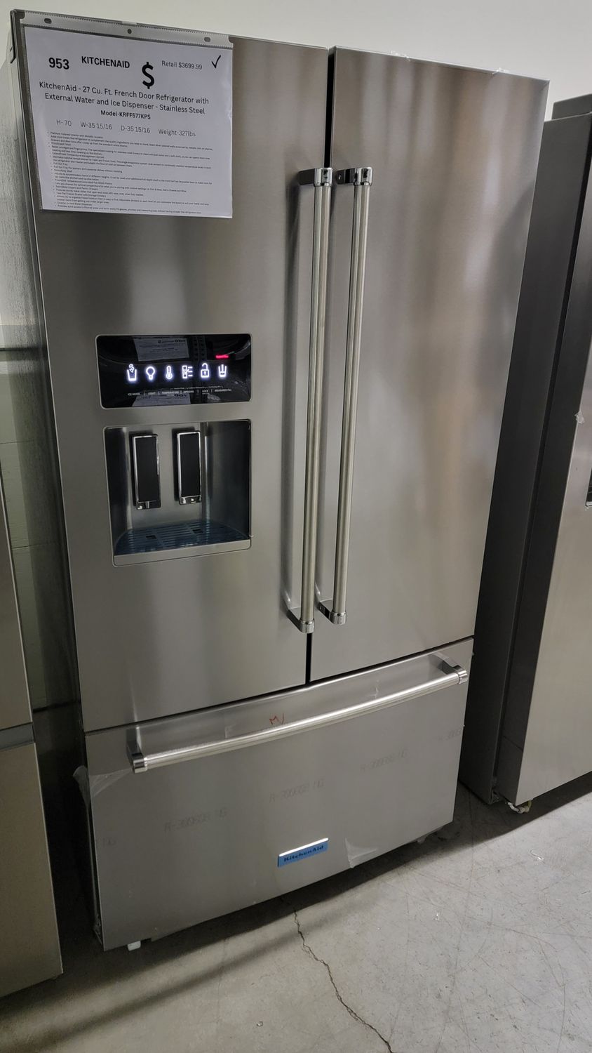 953 KitchenAid -KRFF577KPS- 27 Cu. Ft. French Door Refrigerator with External Water and Ice Dispenser - Stainless Steel