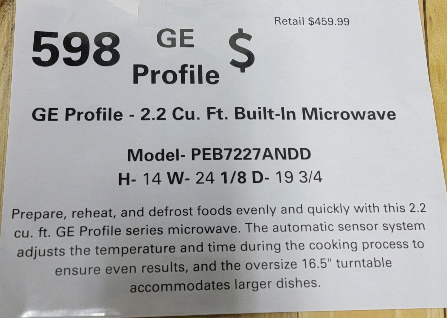 598 GE 2.2 CU. FT. BUILT IN MICROWAVE PEB7227ANDD