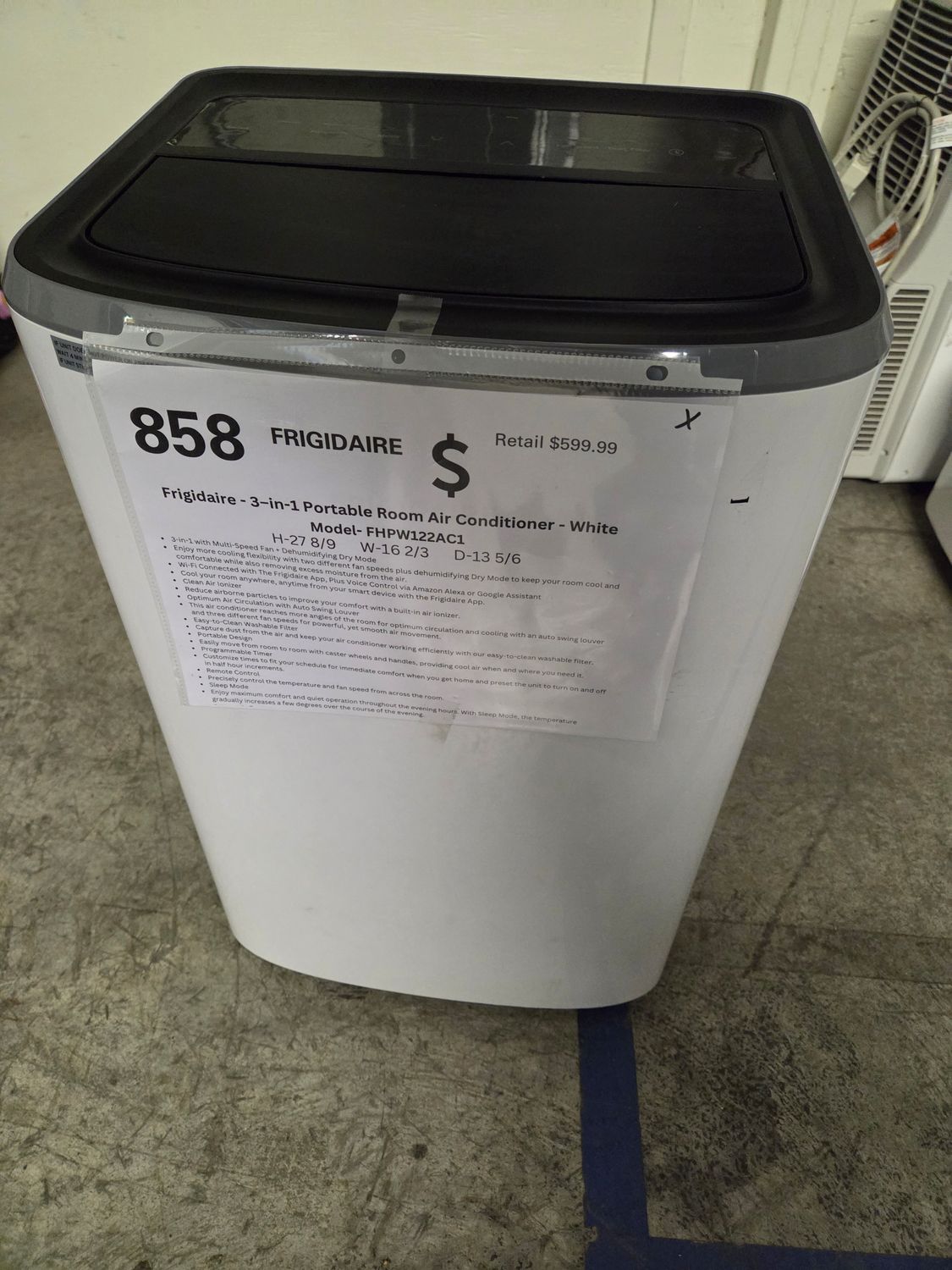 858 Frigidaire - 3–in-1 Portable Room Air Conditioner - White FHPW122AC1