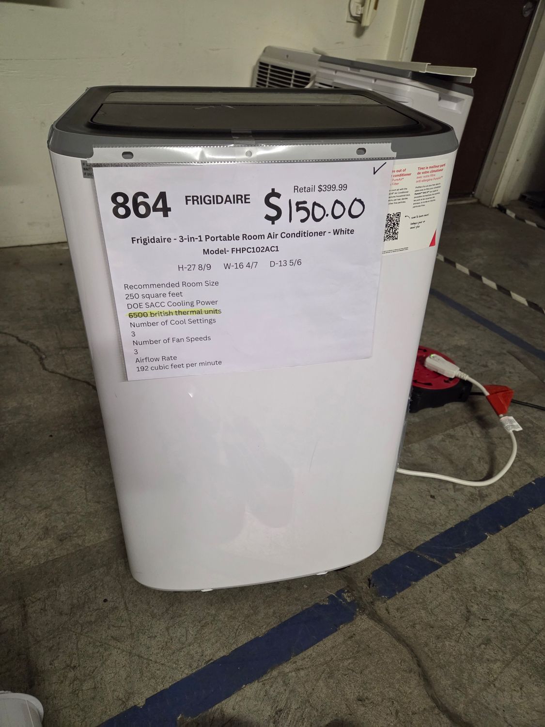 864 Frigidaire - 3-in-1 Portable Room Air Conditioner - White FHPC102AC1