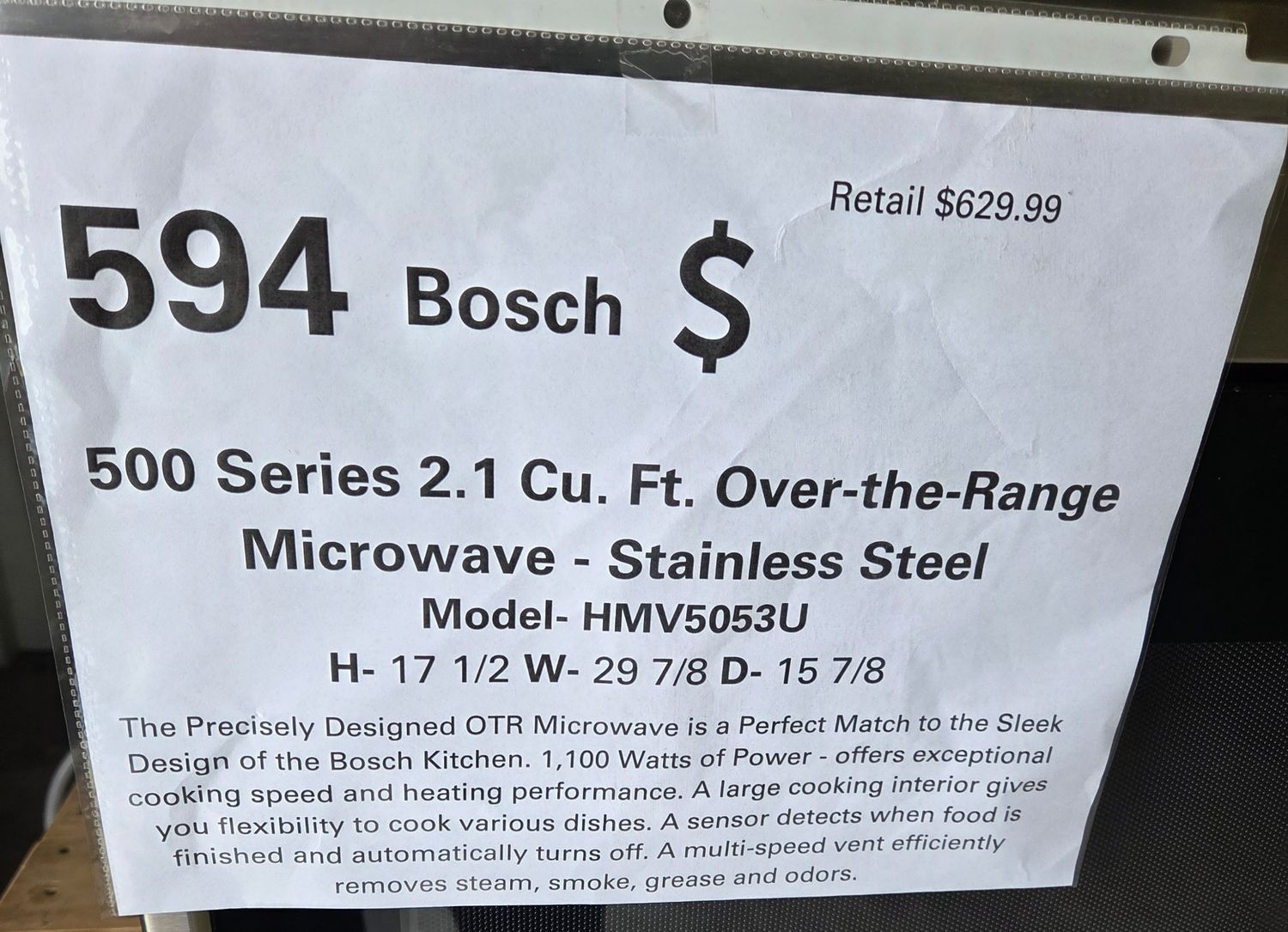 594 Bosch 500 SERIES OTR MICROWAVE SS HMV5053U