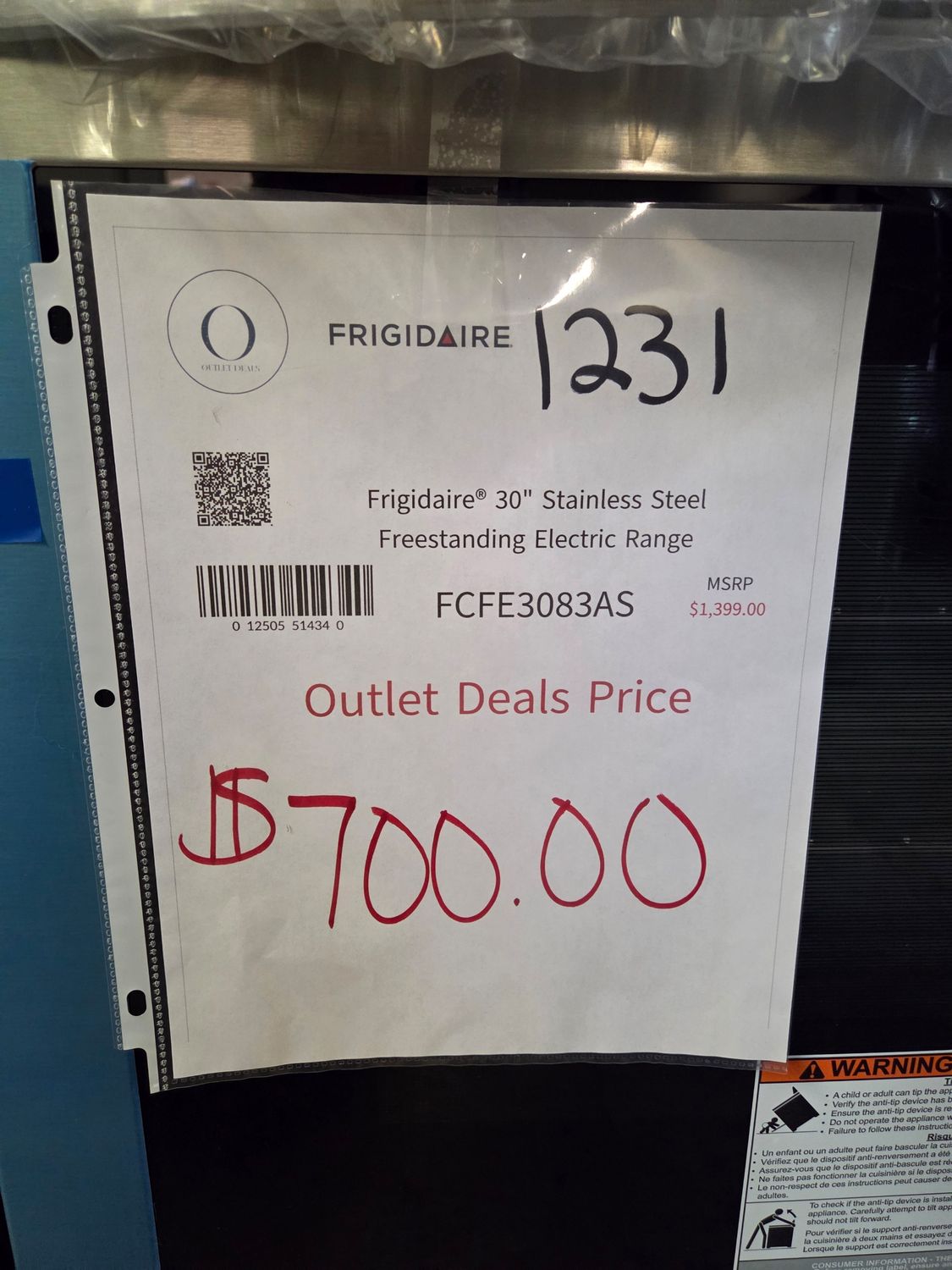 1231 FCFE3083AS Frigidaire 30&quot; Electric Range