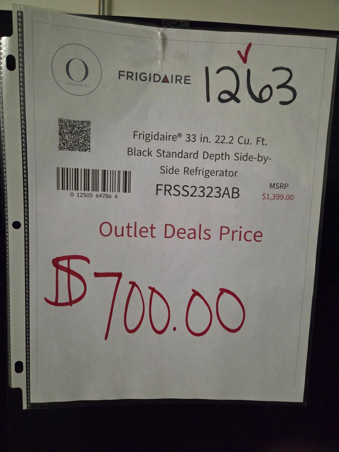 1263 FRSS2323AB Frigidaire 22 Cu. Ft. 33&quot; Standard-Depth Side-by-Side Refrigerator