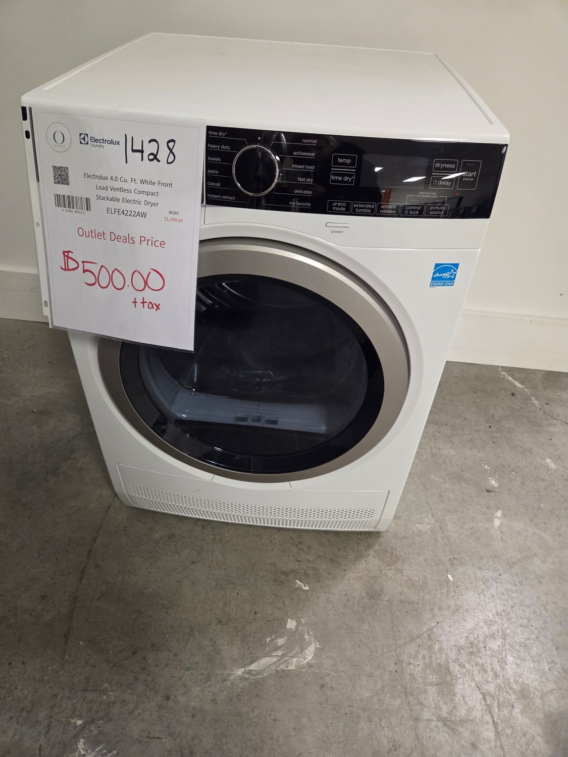 1428-2086 ELFE4222AW Electrolux 4.0 Cu. Ft. White Front Load Ventless Compact Stackable Electric Dryer