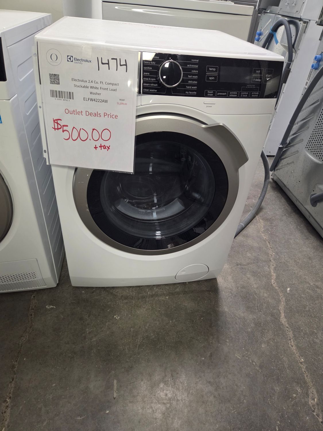 1474-0190 ELFW4222AW Electrolux 2.4 Cu. Ft. Compact Stackable White Front Load Washer