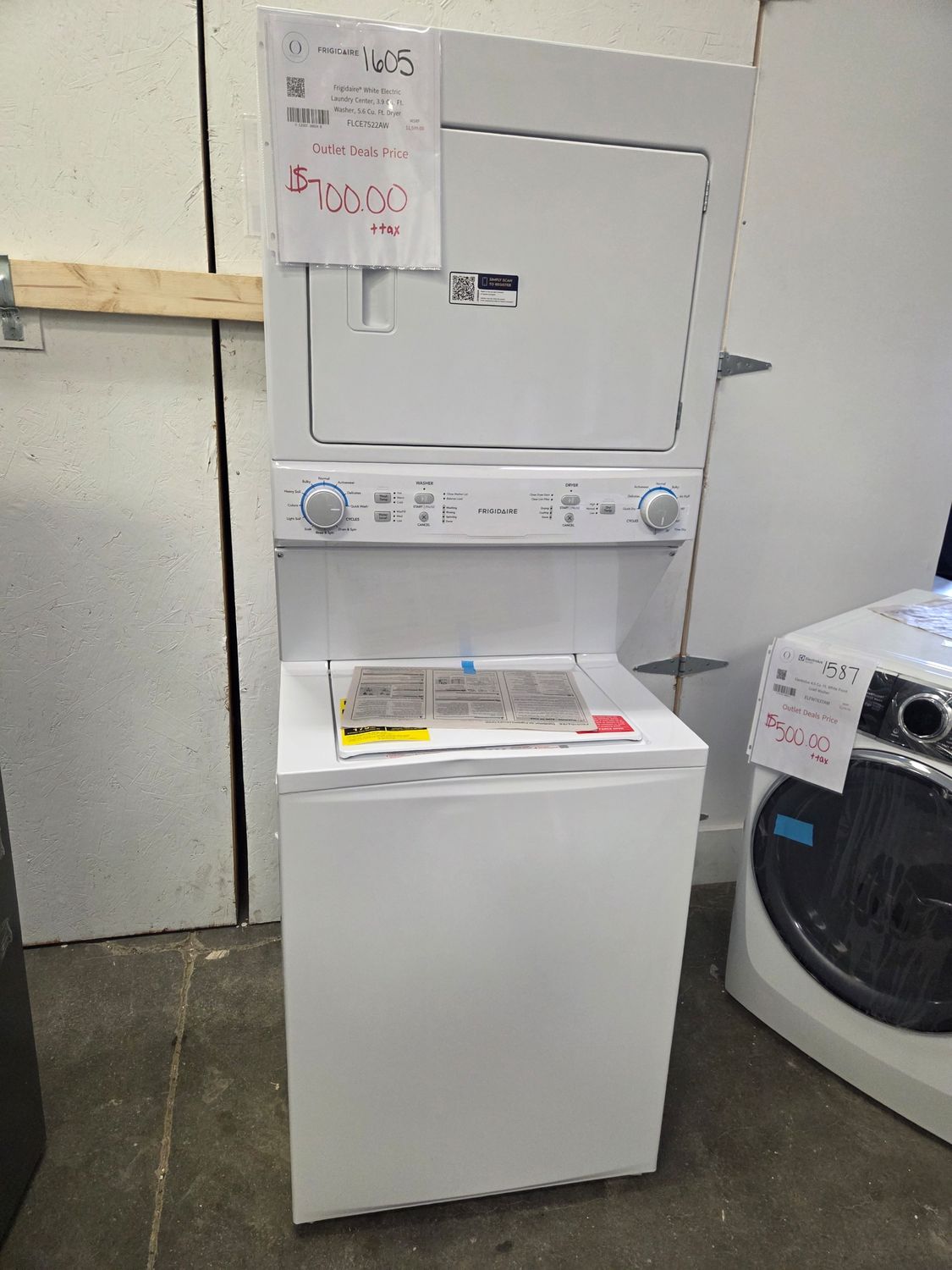 1605 FLCE7522AW Frigidaire® White Electric Laundry Center, 3.9 Cu. Ft. Washer, 5.6 Cu. Ft. Dryer 4E60506437 