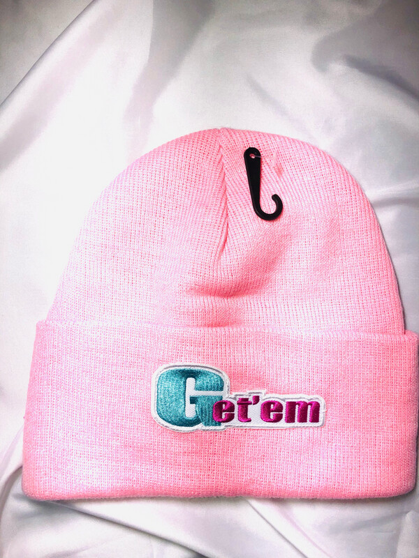 Long Knit Pink Skull Cap With Turquoise And Hot Pink Get’em Logo patch.Beanie