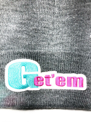 Grey Get’em beanie With G in Pink and et'em in Turquoise Logo Patch 32323