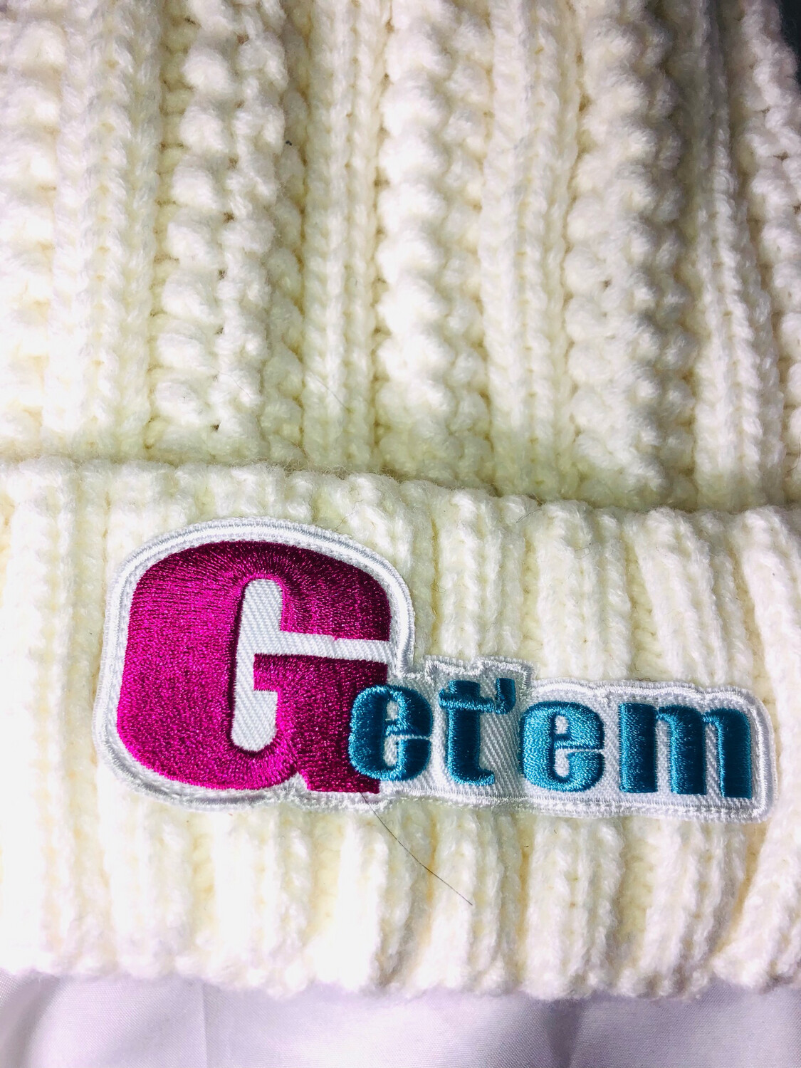 Get'em Magazine's White Satin Slouchy Beanie With Pink and Baby Blue Logo (Same as Seen at the Florida State Pro Championship!)🥶