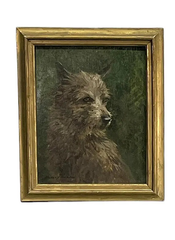 Vintage French Oil on Board Dog Portrait