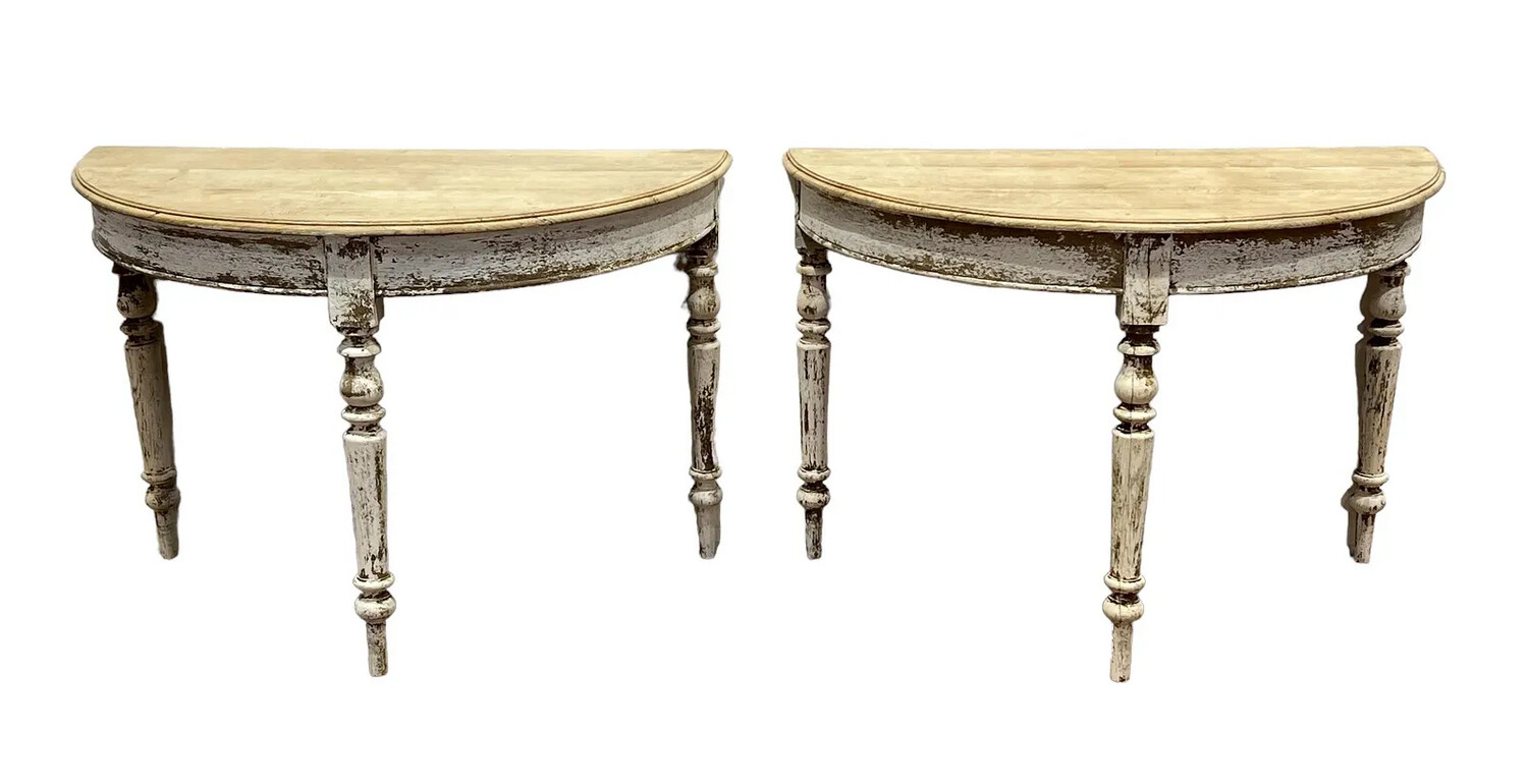 Pair Painted French Demi Lune Tables