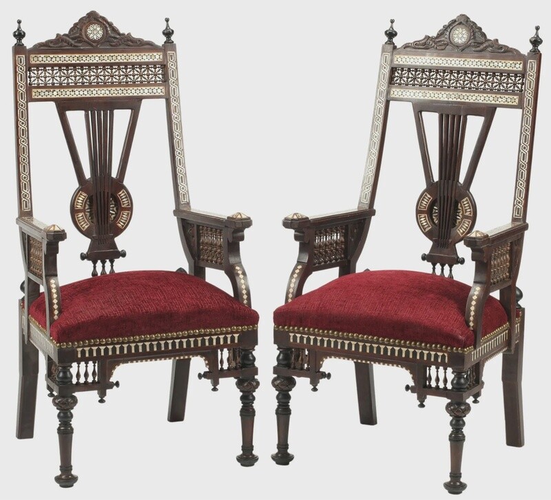 Pair Moorish High Back Inlaid Arm Chairs