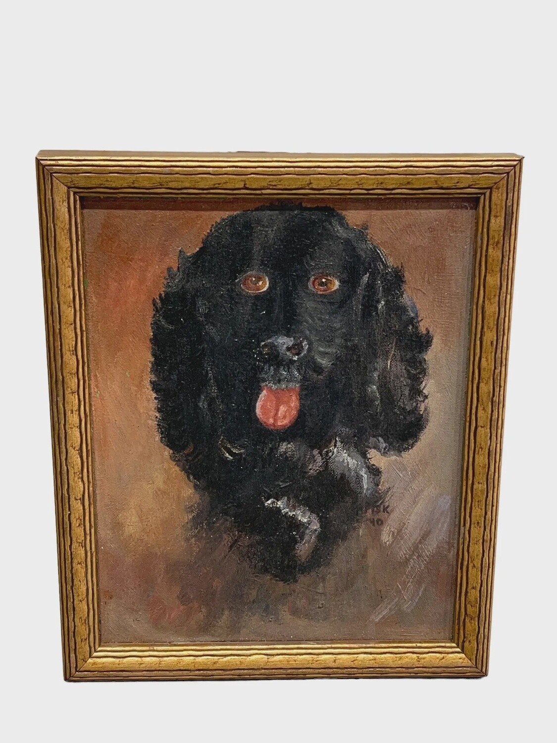 Vintage French Oil on Board Black Dog Portrait
