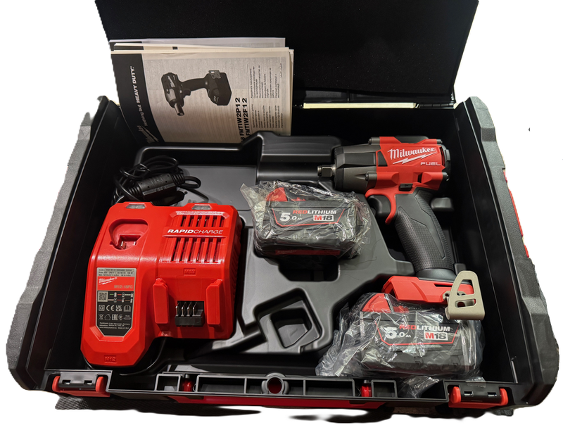 SET: Milwaukee Akku-Schlagschrauber M18 FMTIW2F12-502X 2x 5,0 Ah Akku + Lader in HD-Box im Set mit FORA Fällkeil TorQ 45